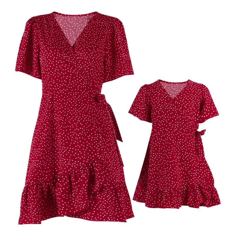 Summer 2026 Polka Dot Print Mom and Daughter Matching Clothes Ruffles Lace-up Dresses Short Sleeve Mini Dress Cute Holiday Look