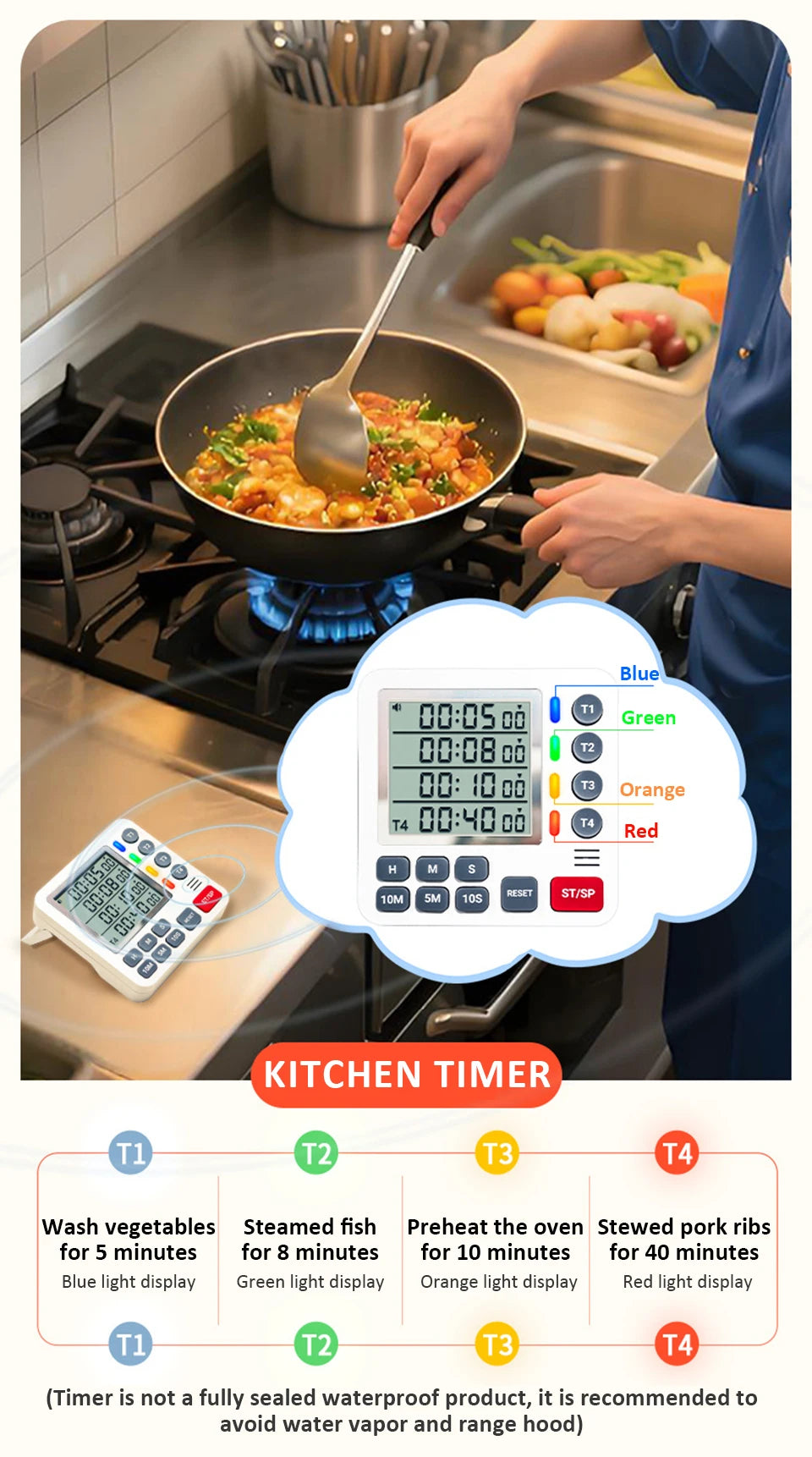 Magnetic Kitchen Timer 4 Channels Four Sets of Timing Large LCD Display Digital Cooking Countdown Timer Home Kitchen Accessories