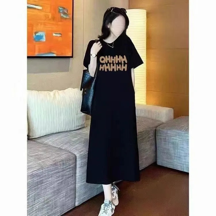 plus Size Long Knee-Length Summer Dress Women's Short Sleeve round Neck Loose Fit Knitted Fabric Straight Cut Casual Style