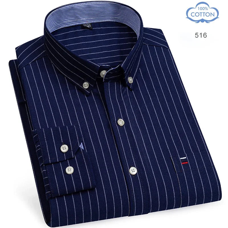 100 Percent Cotton Oxford Shirt For Men Long Sleeve Plaid Pattern Business Office Wear Smart Casual