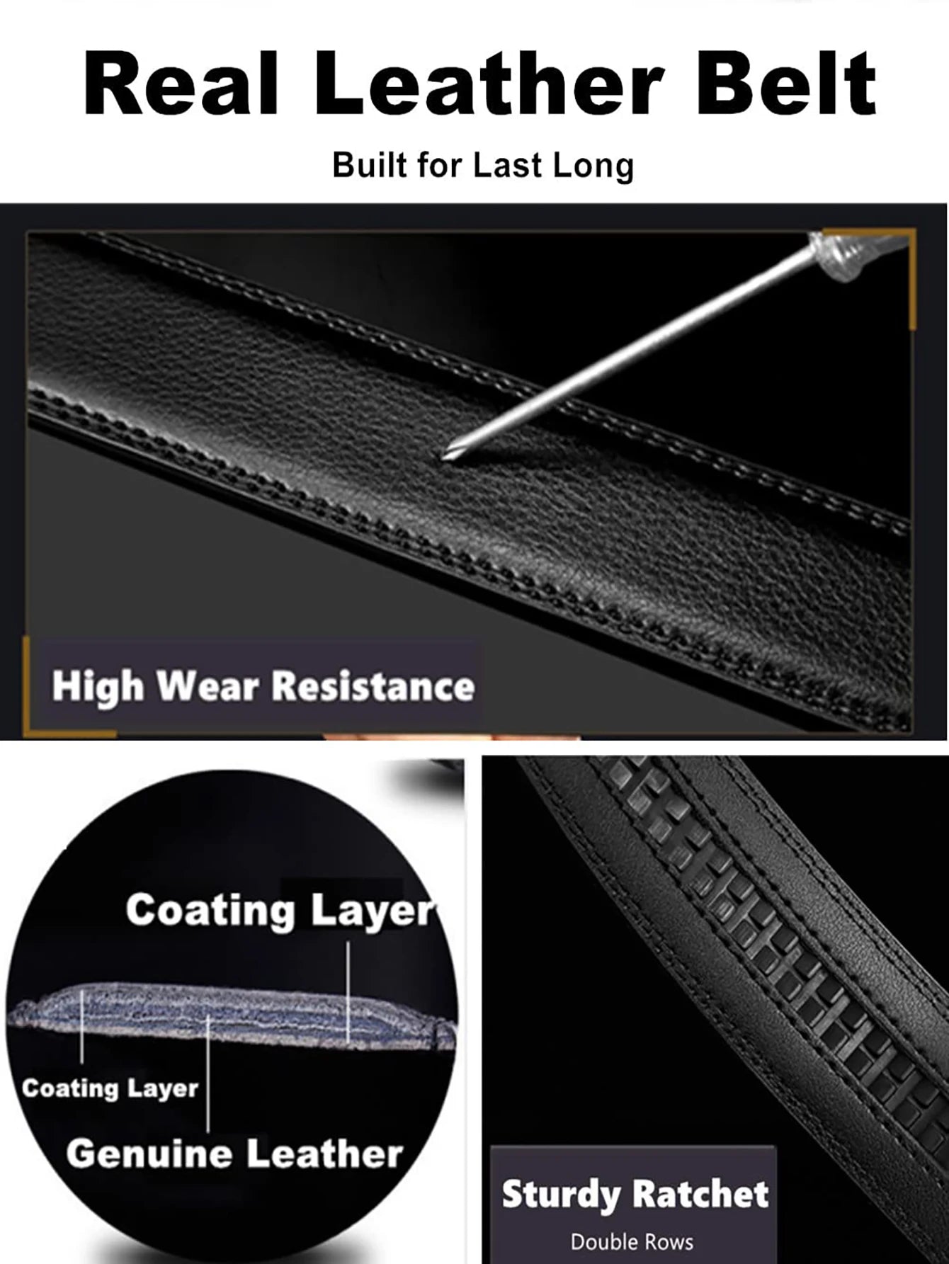 High Quality Black Brown Men’s Belt, Genuine Leather Material, Adjustable Automatic Ratchet Buckle, Cuttable Business Belt