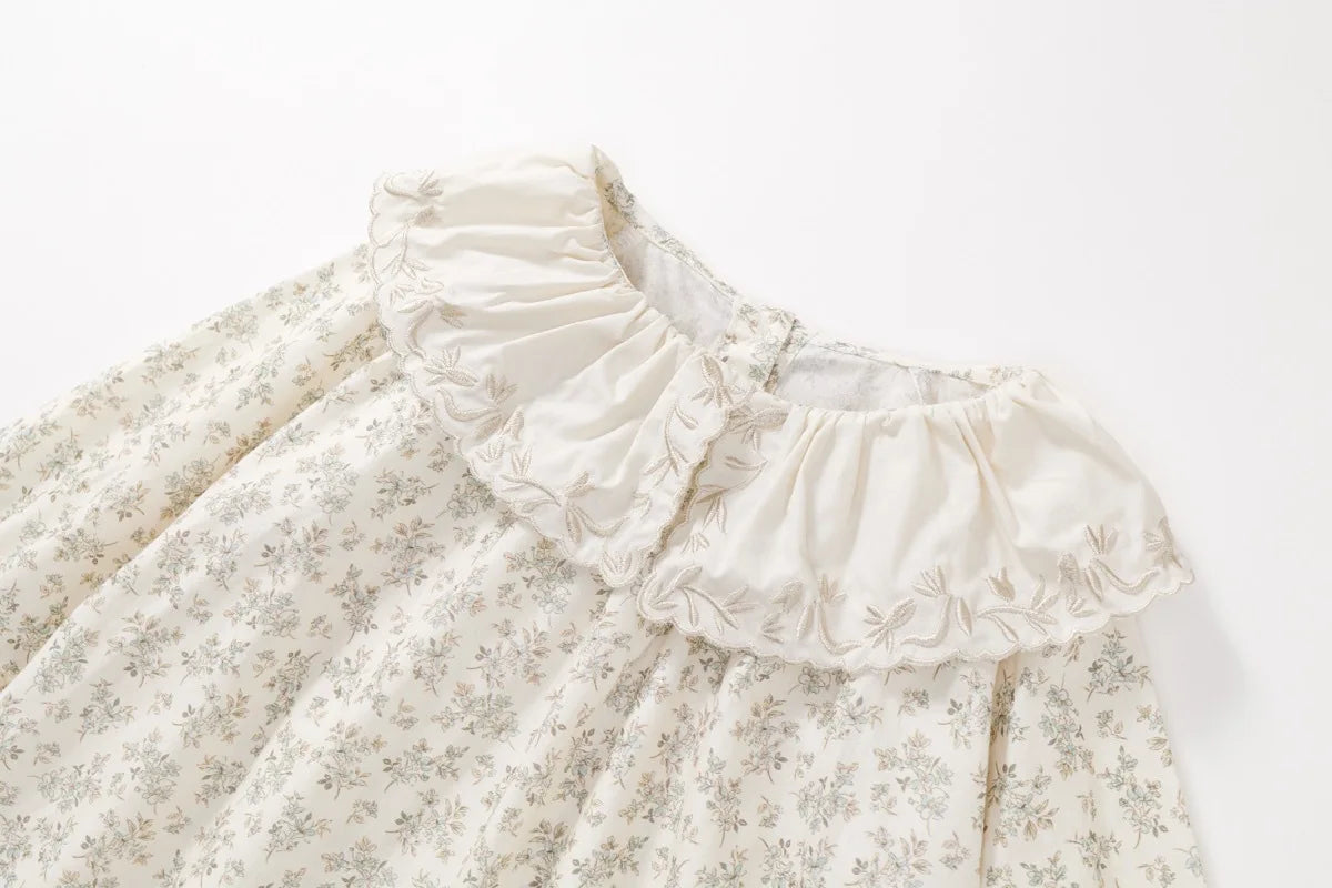 Children Girl Vintage Dress Spring Autumn Lace Turn Down Collar 2-8Y Princess Dress Fragment Flower Long Sleeve Baby Girls Dress