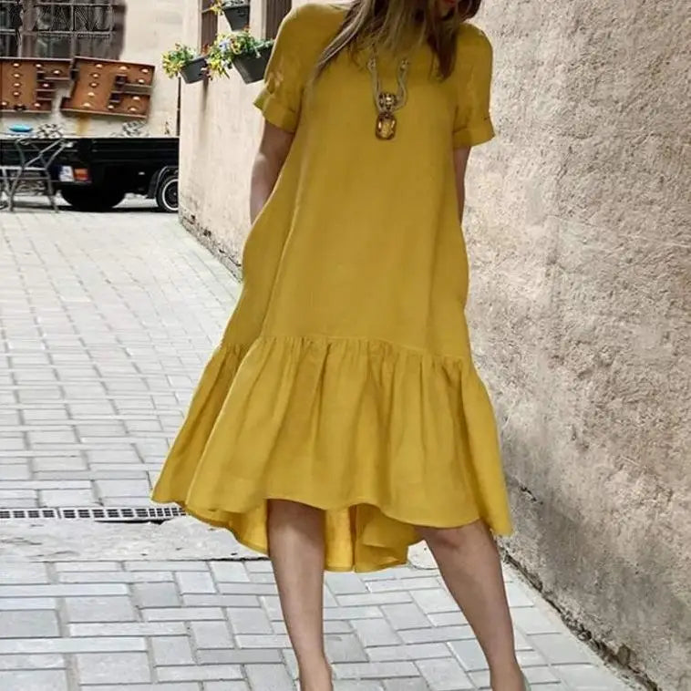 Casual round Neck Short Sleeve Midi Dress Women's Pure Color Crew Neck Gored Hem Cotton Overhead Dress mid Length Dress