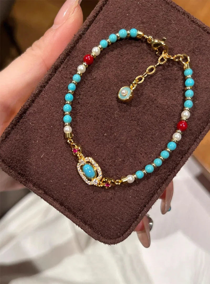 Turquoise Pearl Bracelet Women's Luxury Colorful Dopaamine Chinese Style Small Audience Beaded Hand Jewelry Accessories