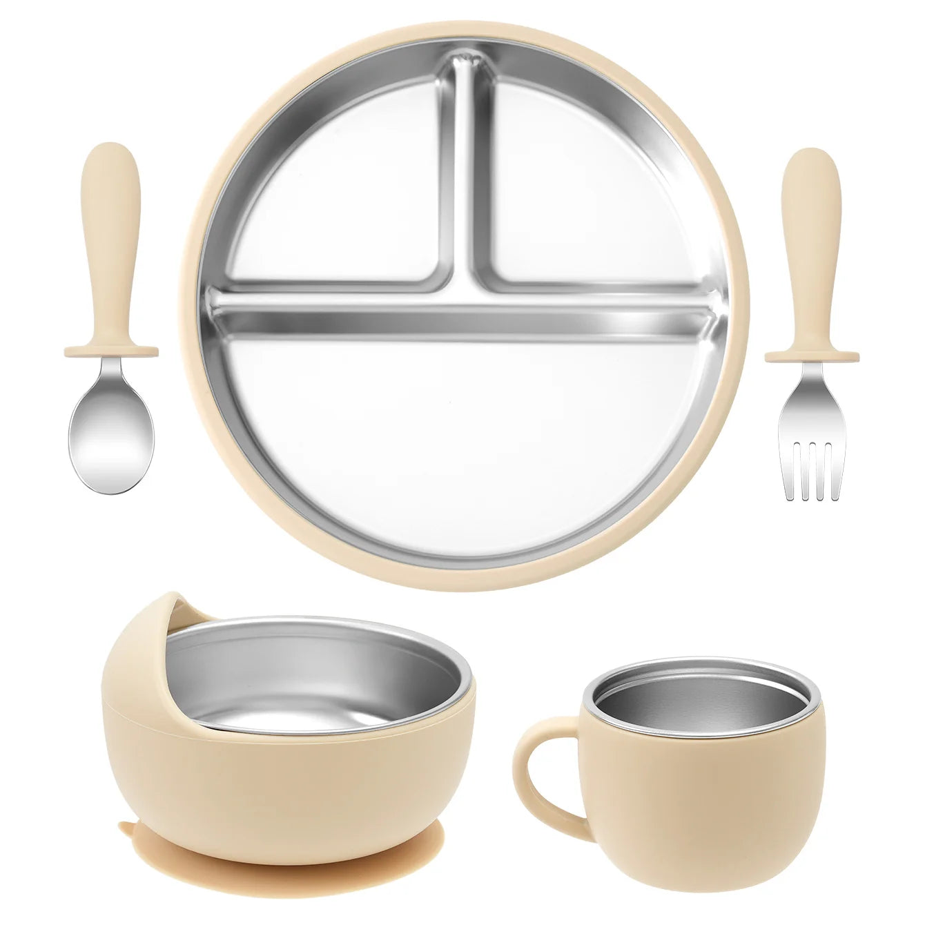 Color Kids Baby Feeding Set 5Pcs Stainless Steel Silicone Tableware For Infants Easy Grip Plates Bowls