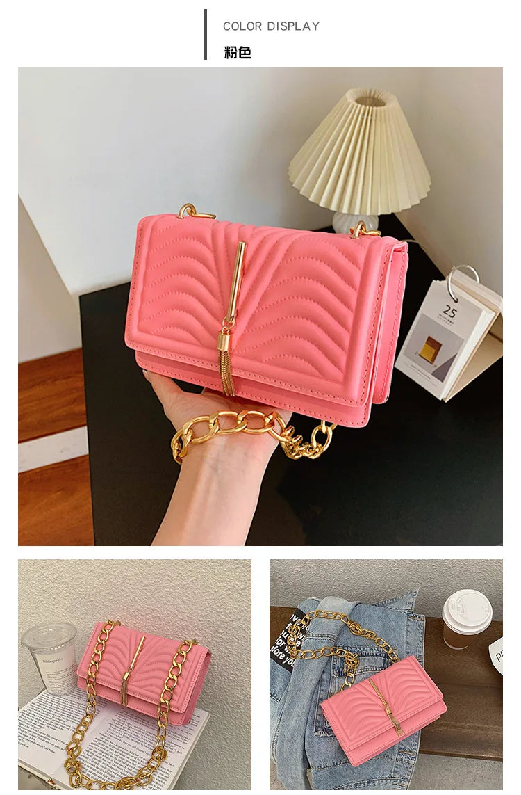 Brand Designer PU Striped Women's Shoulder Bag Fashion Tassel Chain Crossbody Bag Small flap Handbag  2023 Trend