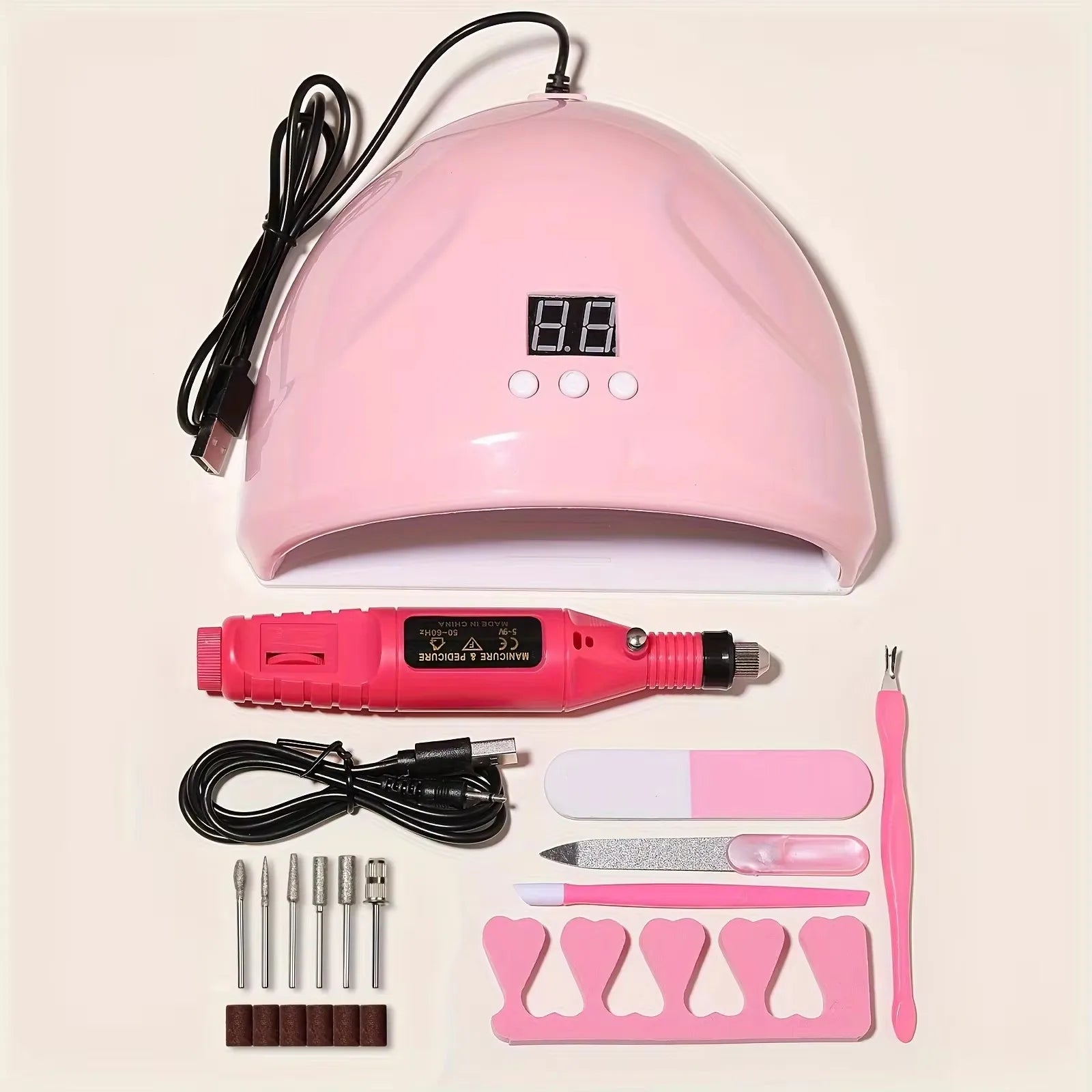 LINMANDA Kit profesional de taladro eléctrico USB para uñas con lima y pulidor, lámpara de uñas UV LED, secador de manicura en gel, kit de inicio de acrílico