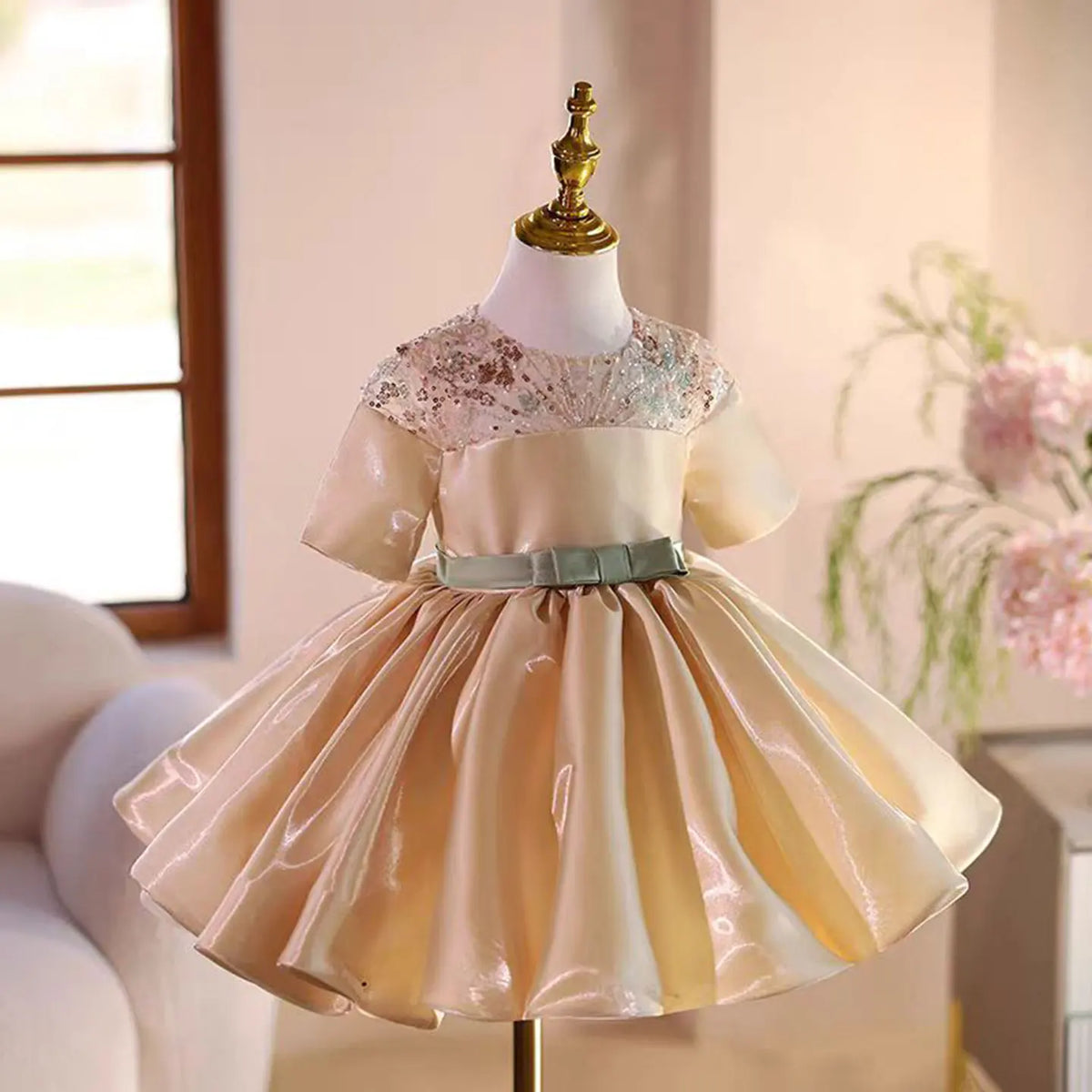 Dreamy Vow D035 Shiny O-Neck Beading Tulle Pink Flower Girl Dress Short Sleeves for Kids Wedding Birthday Party Short Ball Gown