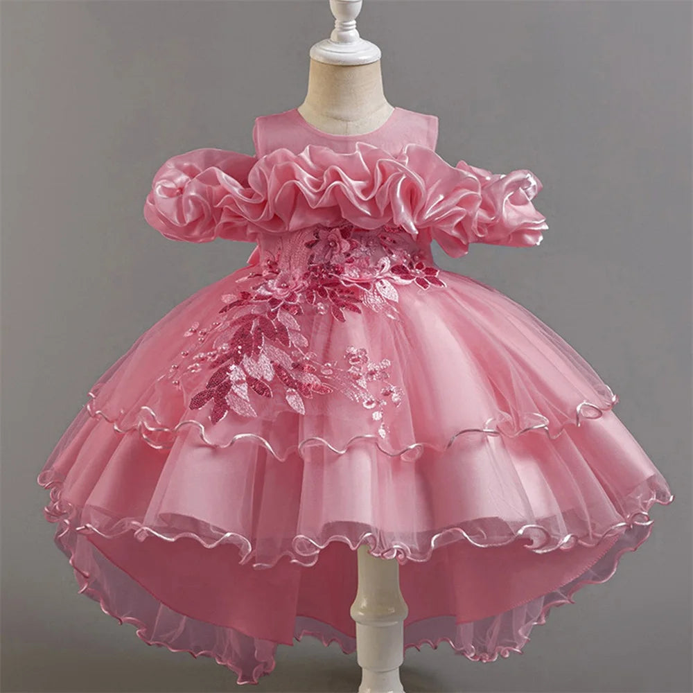 Fashion Pink Flower Girl Party Dresses Wedding Birthday Tulle Princess Dress for Kids Graduation Pageant Bridesmaid Kids Costume