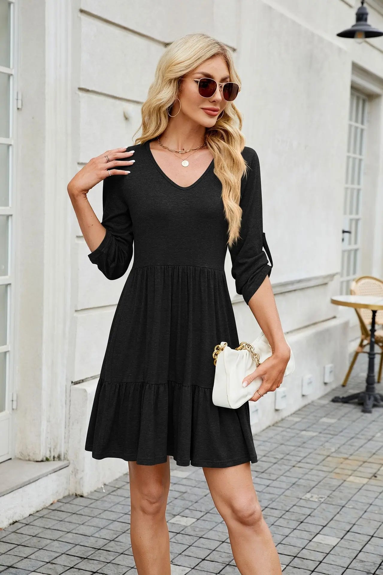 Women Spring Summer Loose 3/4 Sleeve V-Neck Ruched Ruffled Flowy Midi Dress EU US