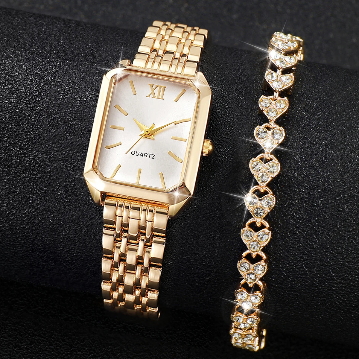 2PCS/Set Fashion Rectangle Women Quartz Watch Ladies Roma Dial Wristwatches Rhinestone Bracelet Set Reloj Mujer Girls Clock Gift