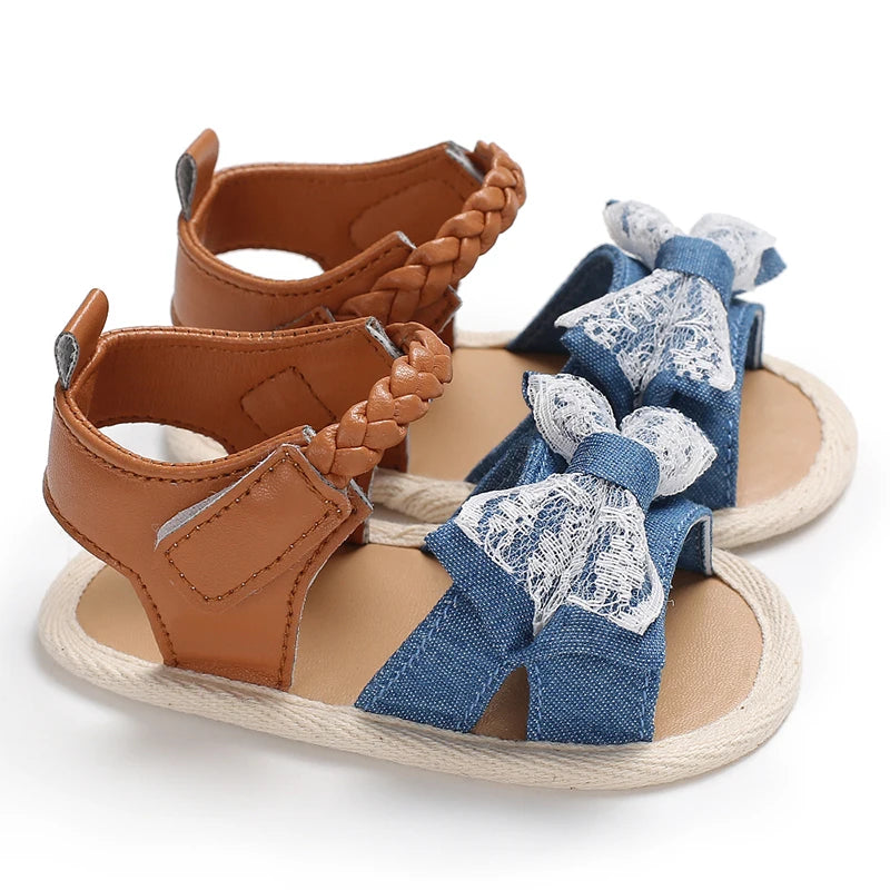 Baby Girl First Walker Sandals - Bow Summer Soft Fabric Shoes 0-1Y
