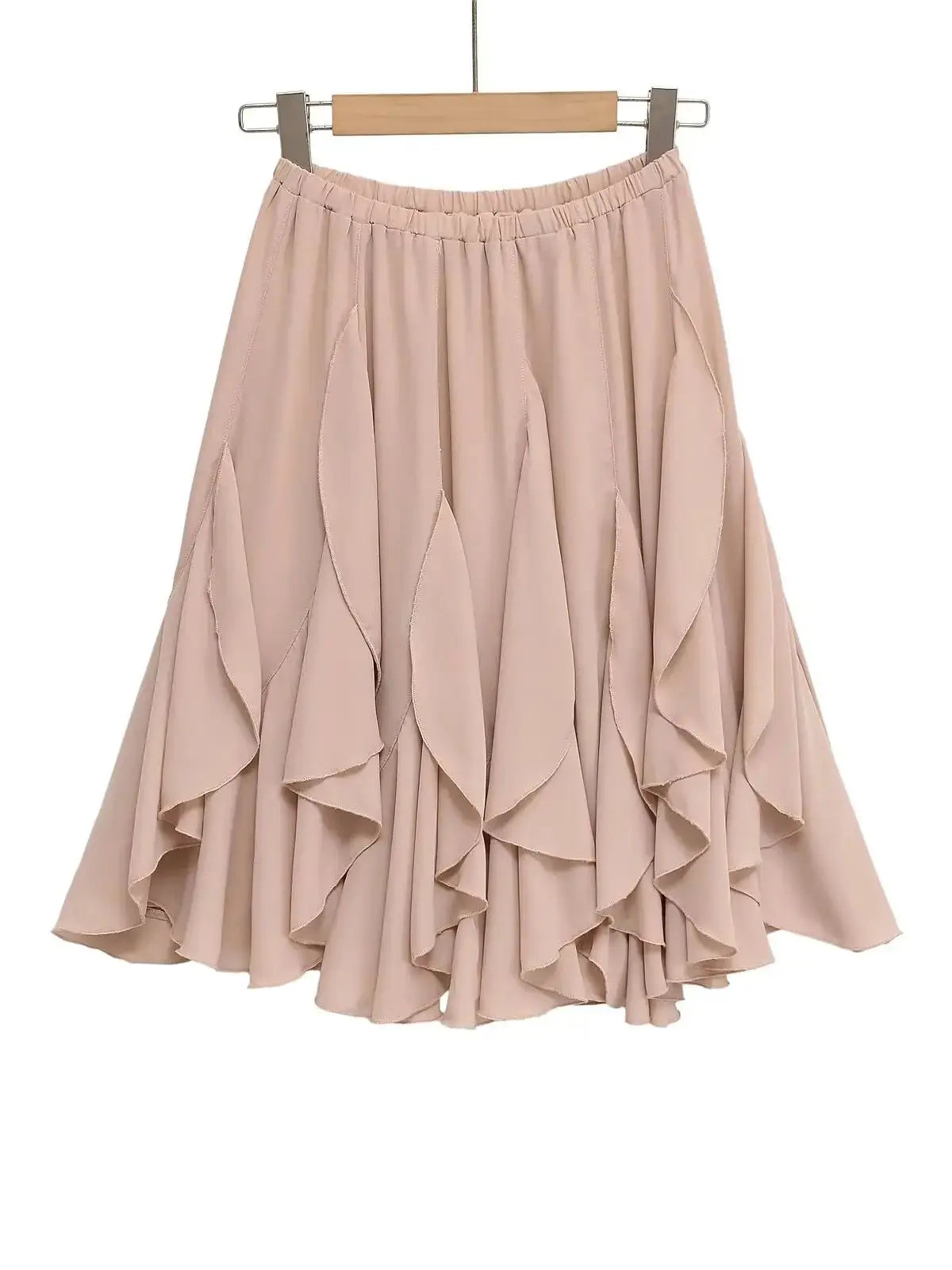 2026 Chic Women's Casual High Quality Knee-length Pink Layered Skirts Ladies Elegant A-line Tierred Ruffles Elastic Midi Skirt