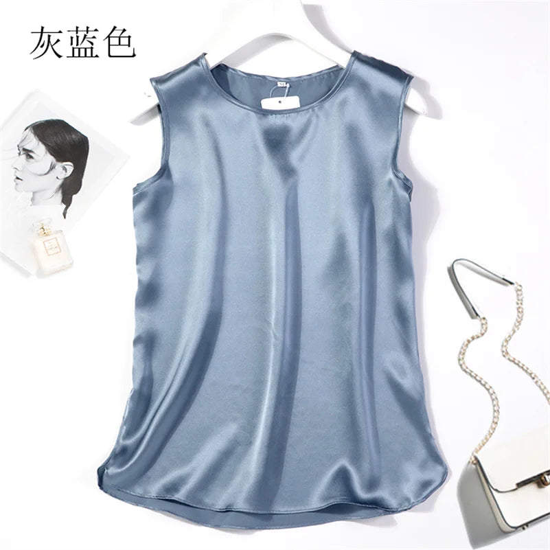 Elegant Fashion Satin Tank Tops Office Lady Blouse Shirts plus  Summer Slim Sleeveless Vest Women Simple O-neck Tops y2k clothes
