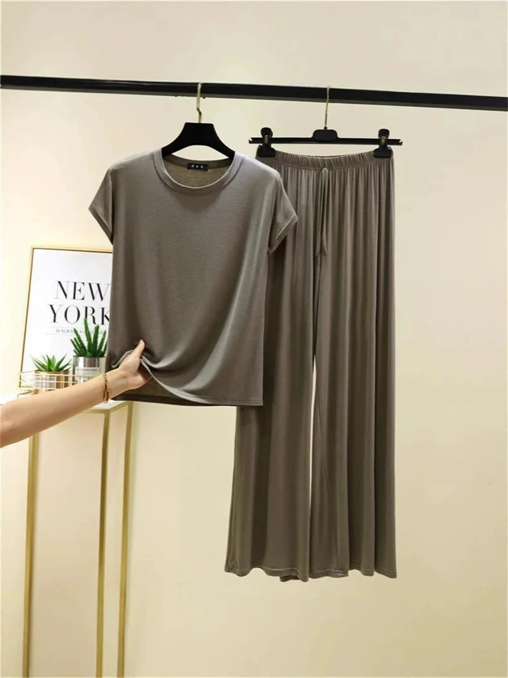 2025 Oversized M to 6XL Short Sleeve Tshirts and Wide leg pants Solid color Summer Modal Pajamas sets Casual homewear 2pcs suit