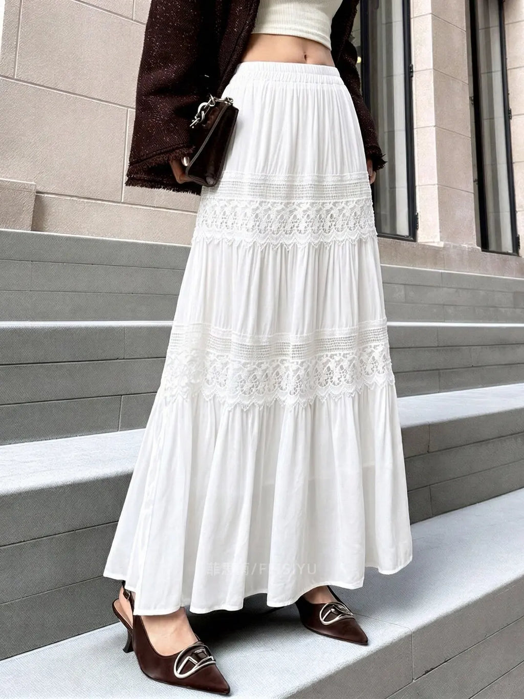 White Double Lace Tiered Maxi Skirt Women Full Elastic Waist Flowy Ruffle A-Line Long Skirt