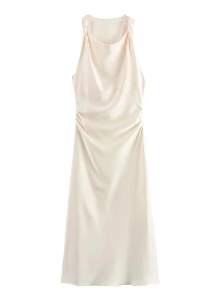 Satin Halter Midi Dress | Sleeveless Evening Party Dress