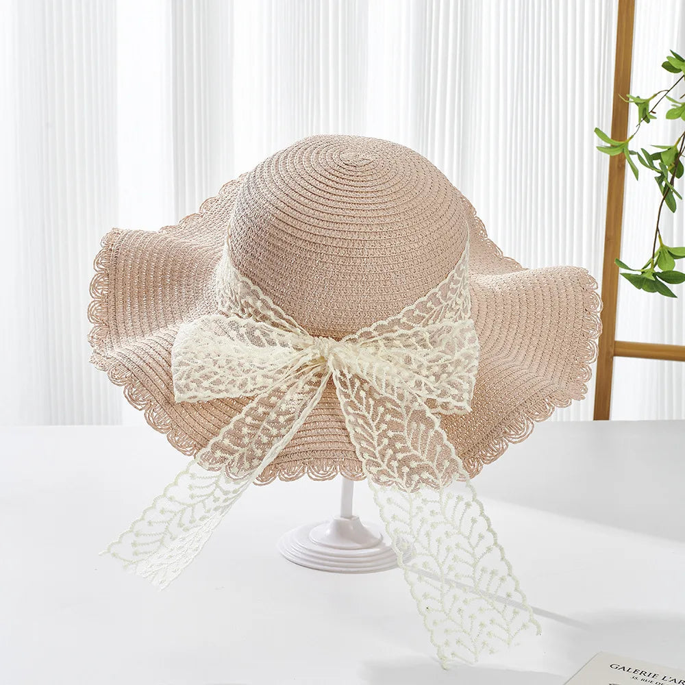 Summer New Children'S Sun Hat Kids Wave Large Brimmed Straw Hat And Bag Sets Girls Sunscreen Beach Hats Baby Hand-Knitted Cap