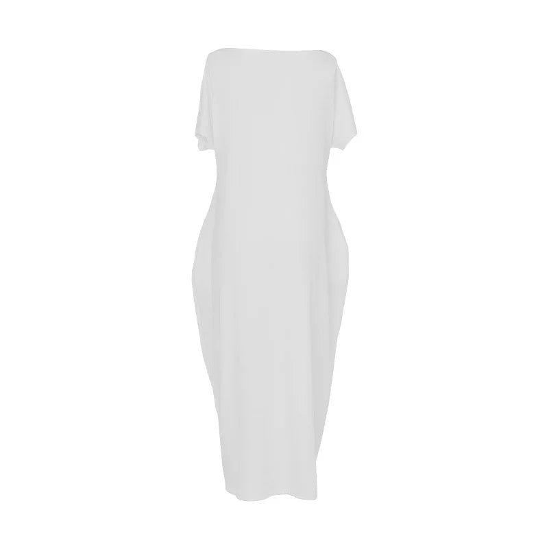 Casual Pure Color Short Sleeve Long Dress Women's Summer New Style Cross-Border TK Loose Waist Milk Fiber Straight Cut Dress