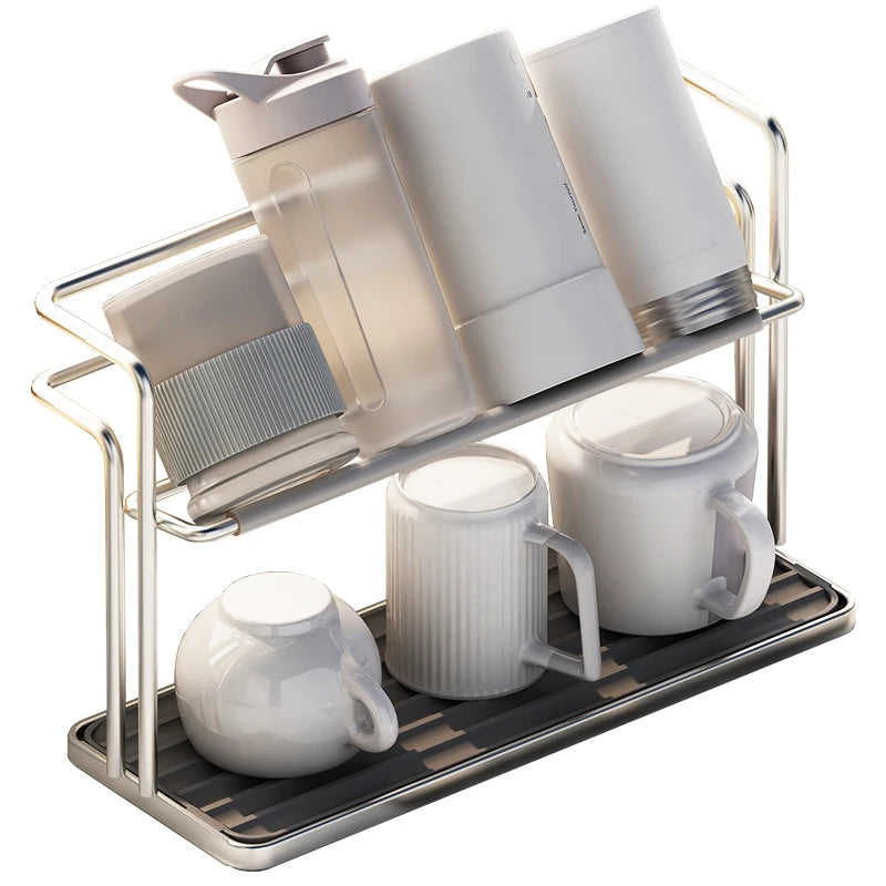 Estante de acero inoxidable de doble capa para tazas de cocina, soporte para tazas invertidas, bandeja de almacenamiento doméstica