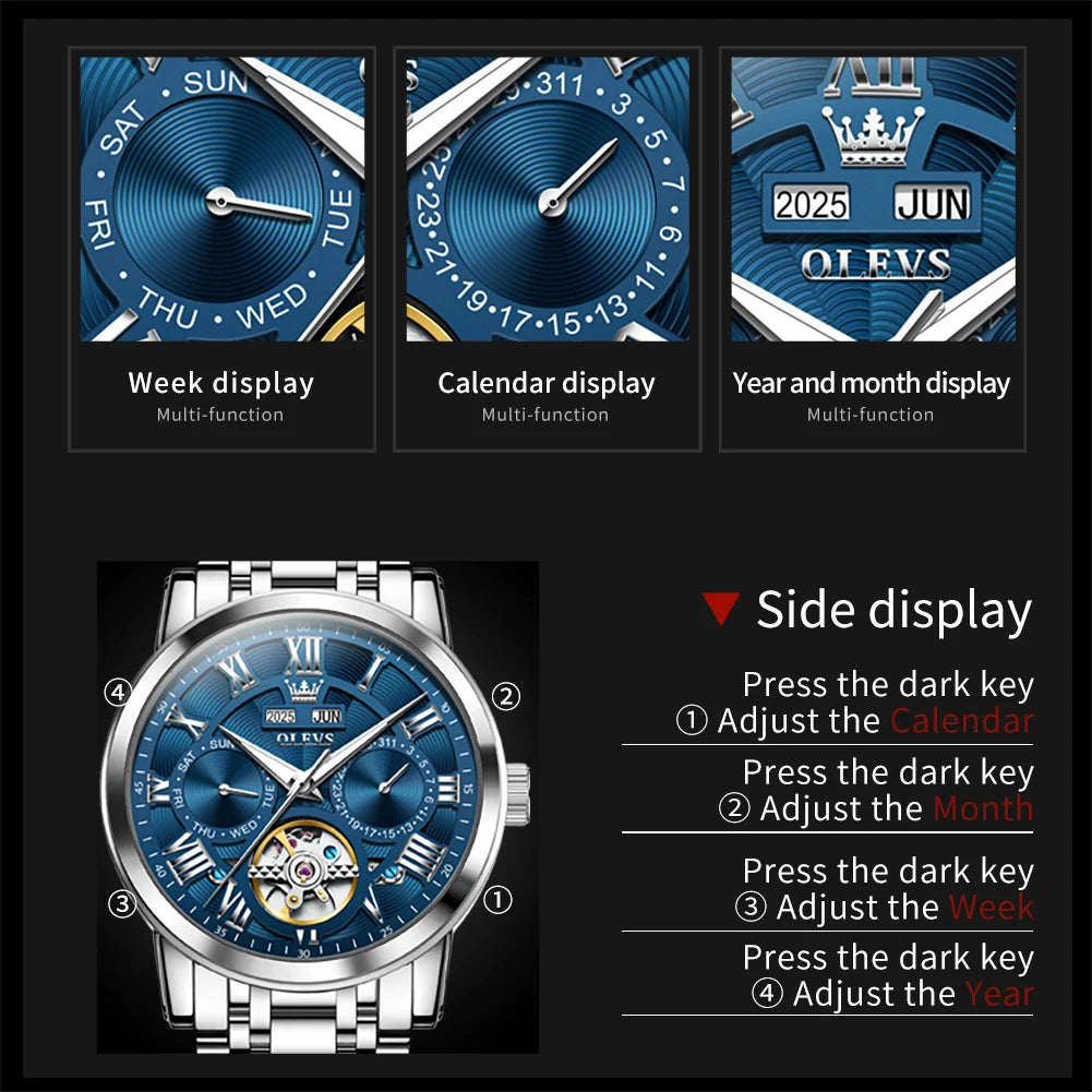 OLEVS 6668 Original Men's Watch Multifunctional Skeleton Waterproof Stainless steel Strap Business Automatic Mechanical Watches