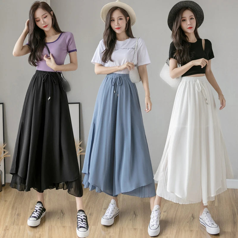 Summer Elastic Pleated Skirt Women Chiffon Trouser Skirt High Waist Casual Wide Leg Pants Fashion Streetwear Pants Pantalones