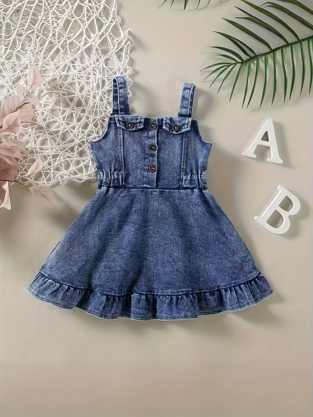 Baby Girls Denim Backless Romper Dress With Open Back And Square Collar Soft Cotton Blend