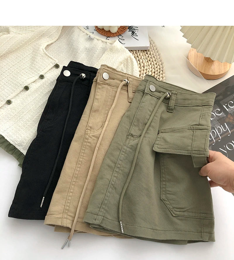 Retro High Waist Denim  Skirt Women's Spring Summer Autumn Casual Drawstring Anti-Light Short Skirt Polyester Fiber