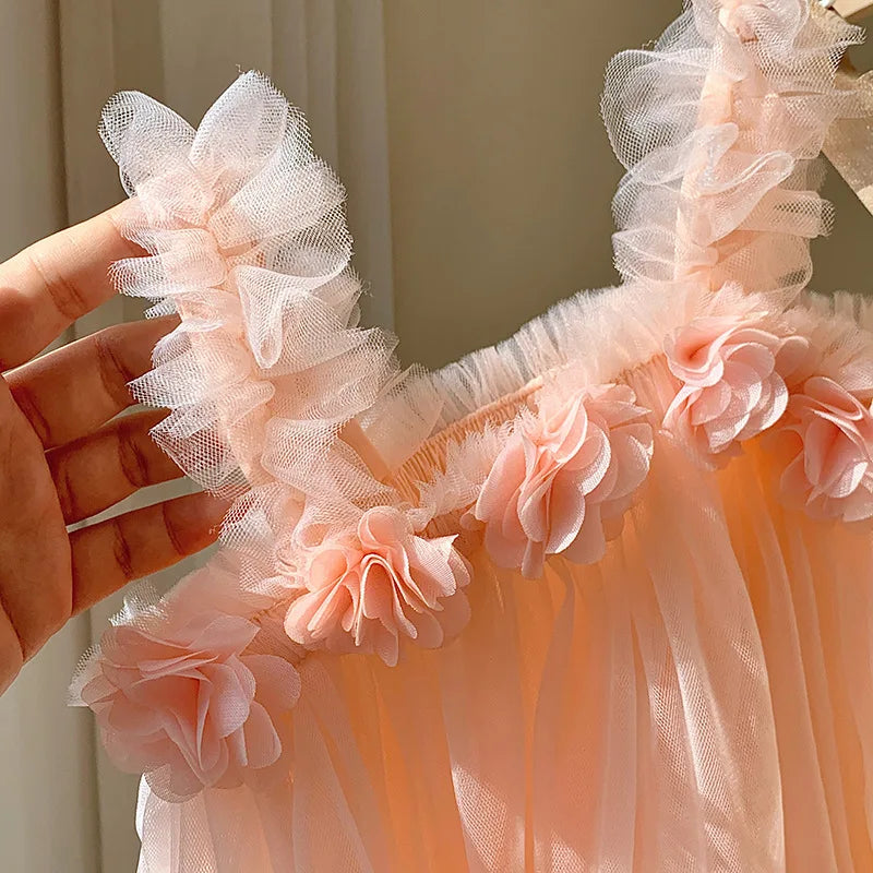 Kids Sweet Mesh Dress 1-6T Summer Children Mesh Tulle Princess Slip Tutu Dresses Girls 6 Colors 3D Flower Mermaid Birthday Dress
