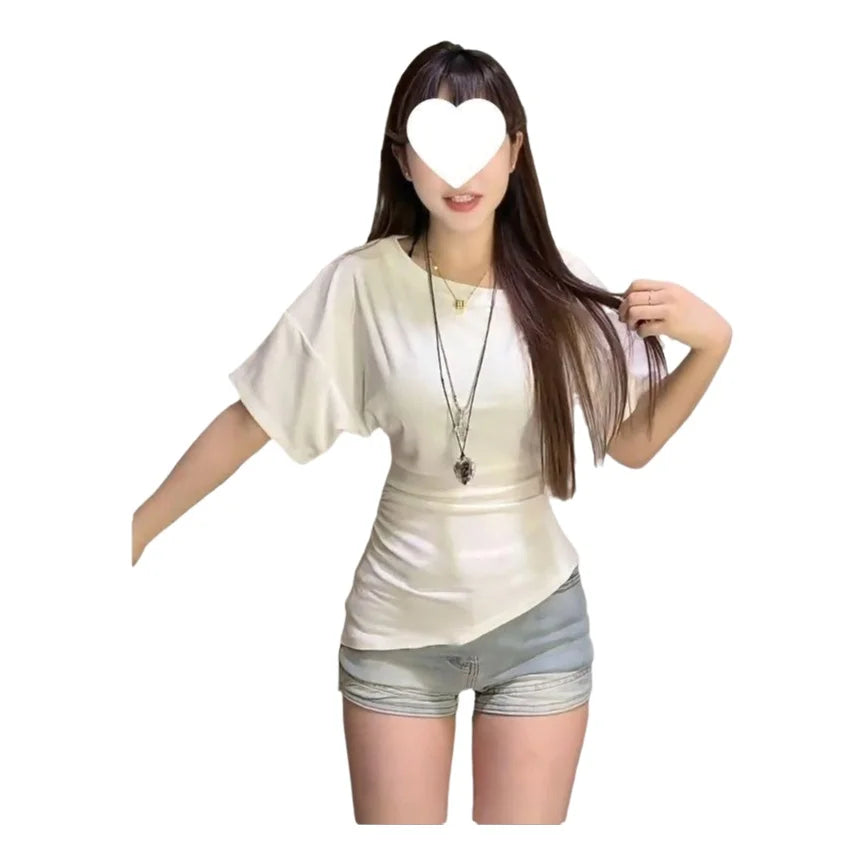 Black Asymmetrical Shoulder Folded Waist Short Sleeve Women's Korean Style Slimming Versatile Pure Desire Personality Half Sl...