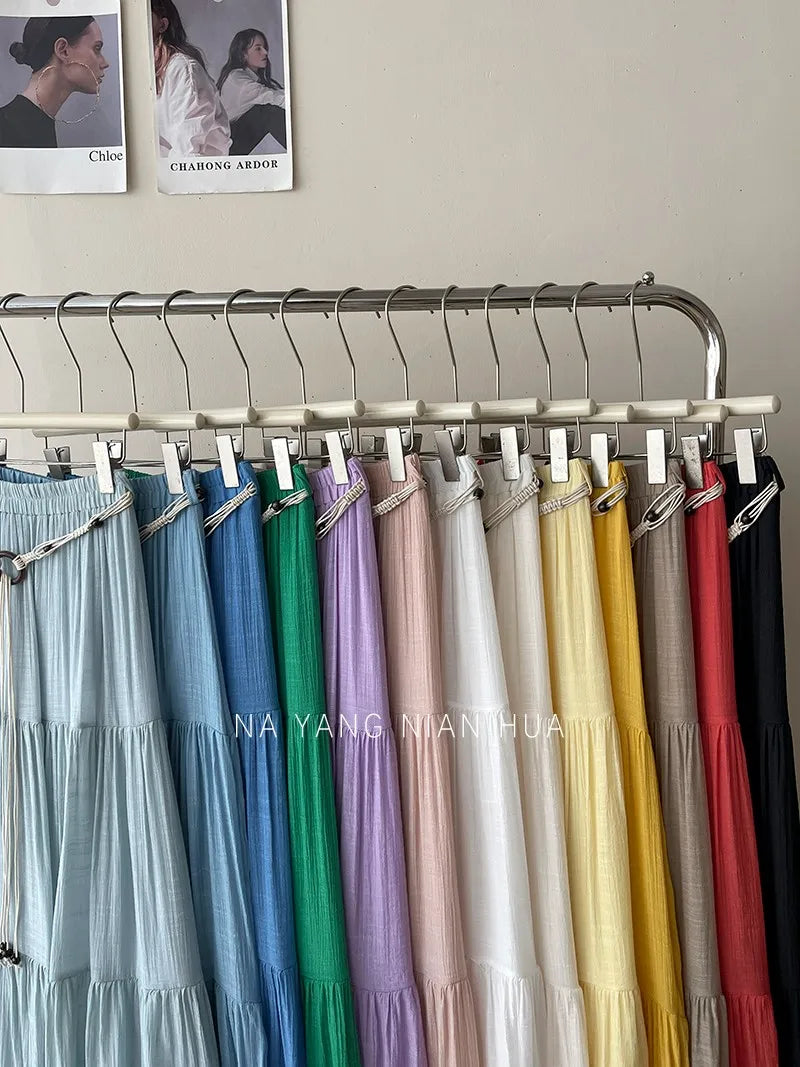 Beiyingni 2025 Summer French Women's Linen Cotton Maxi Skirts Casual Vintage Sashes Korean Long Cake Skirt Female Boho Vacation