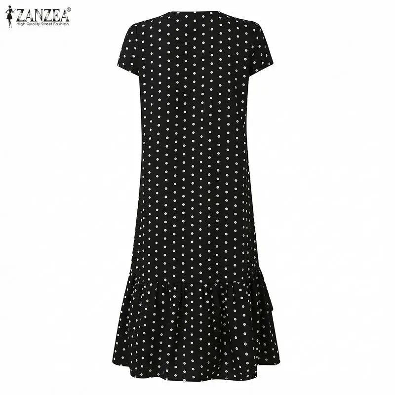 ZANZEA Summer Polka Dots Printed Women Dress Elegant Casual Holiday Beach Ruffled Sundress V Neck Short Sleeve Work Midi Dresses