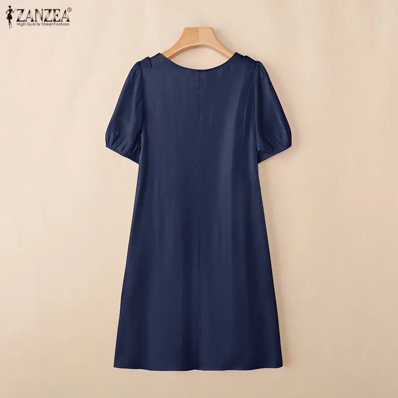 Fashion Summer Sundress ZANZEA Women Casual Short Sleeve O Neck Dresses 2026 Eleagnt Solid OL Work Dress Holiday Pleated Vestido