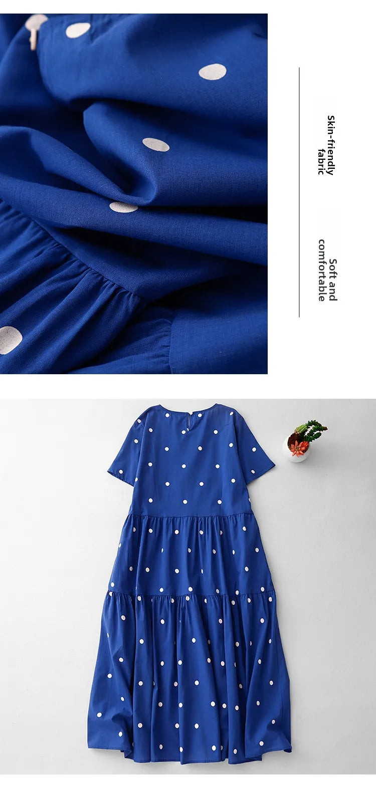 High-End Blue Pure Cotton Floral Print Dress Women's Summer 2025 round Neck Long Dress Polka Dot Skirt Comfortable A-Line