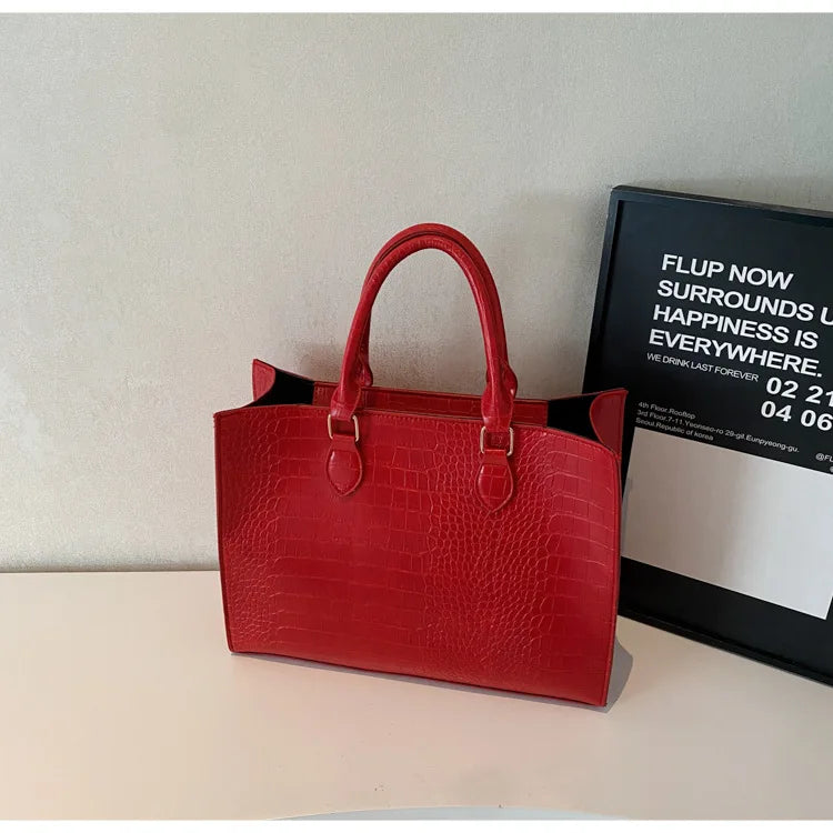Spring 2025 Large Capacity Fashionable Handbag Casual Commuting Trendy Crocodile Pattern Tote Bag Street Style PU Material