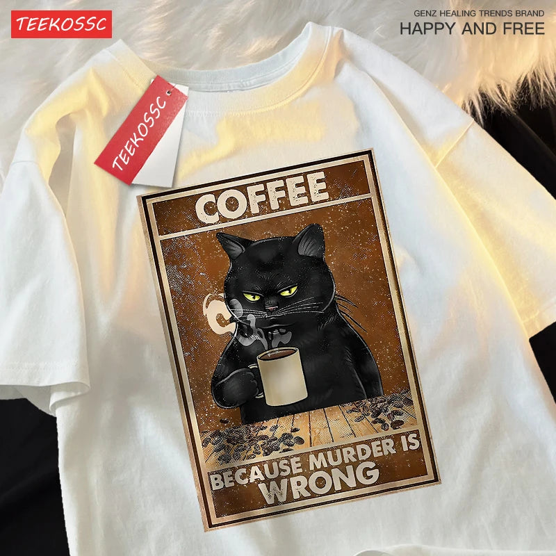 Porque Matar Está Mal Camiseta Unisex Oversize de Algodón Transpirable de Gato Negro Bebiendo Café Ropa Urbana