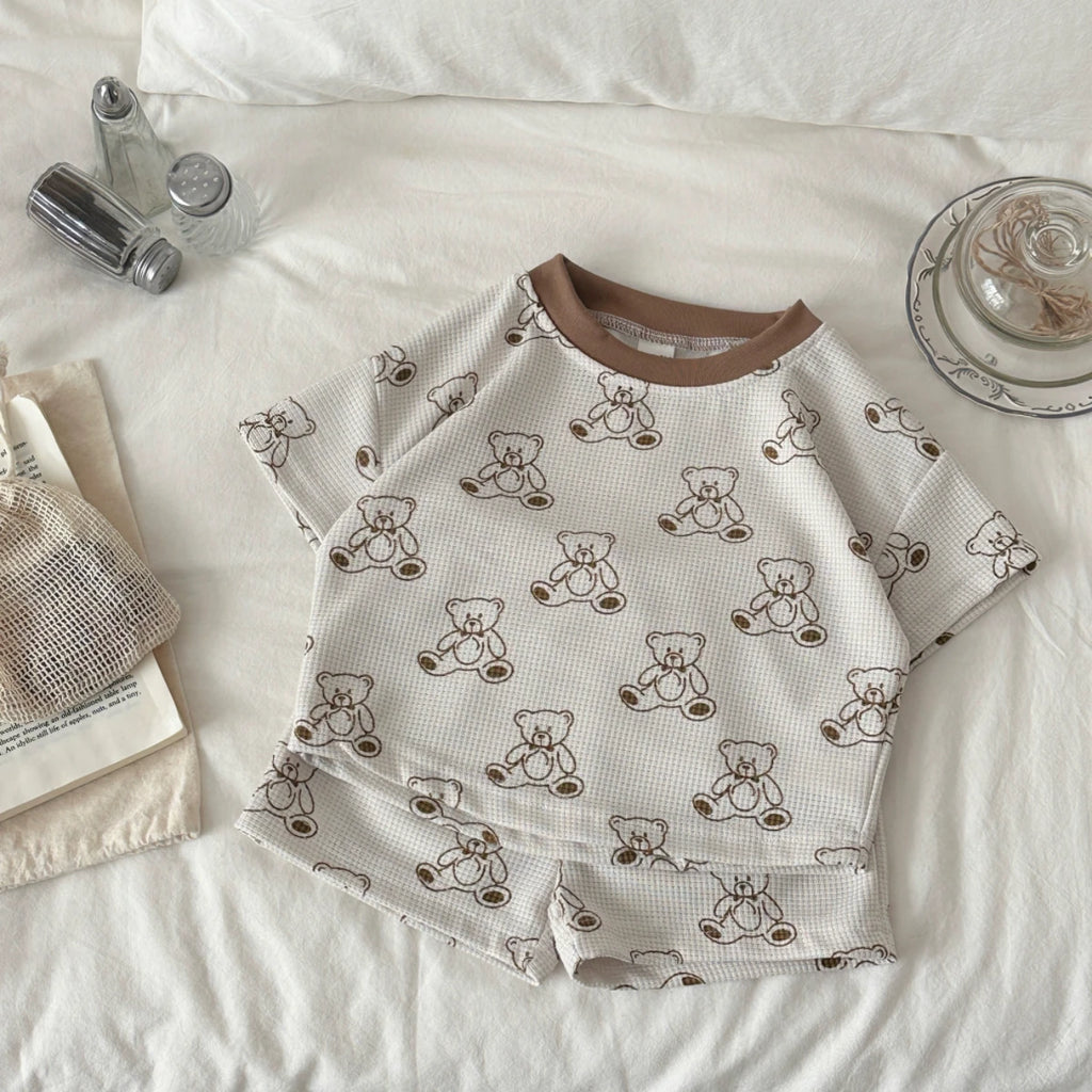 Toddler Bear Print T-Shirt + Shorts Two Piece Set Summer Boys Clothes Fashion Cartoon Cute Short Sleeve Suit