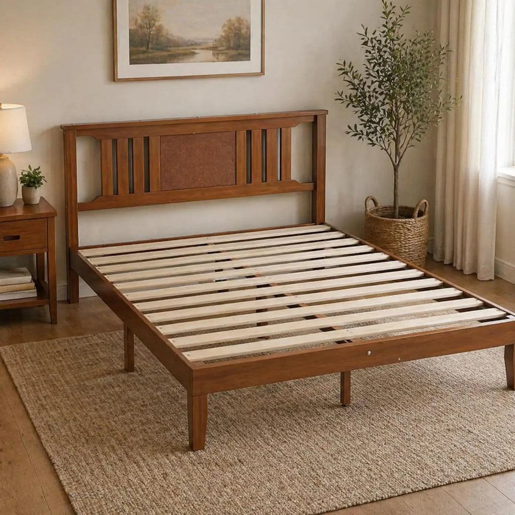 Simple Deluxe Queen Size Platform Bed Frame with Headboard, Sturdy Solid Wood Foundation with Wood Slat Support, No Box Spring N
