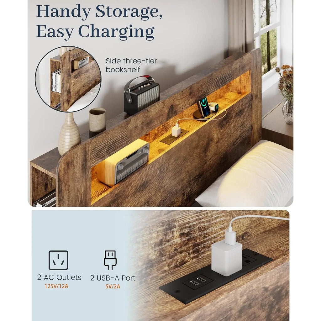 King Size Wooden Platform Bed with Storage Headboard & Charging Station LED Lights Slats No Box Spring, Customized