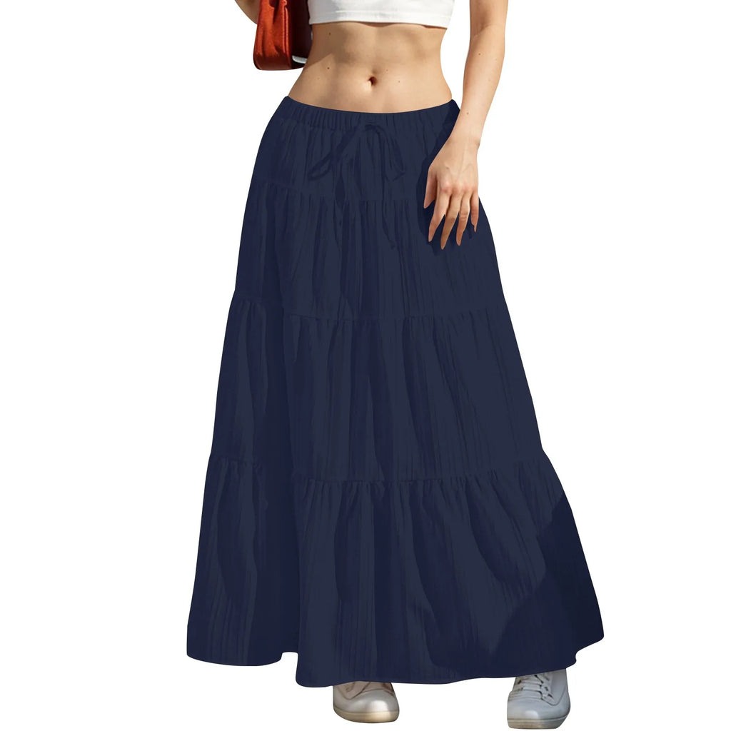 Women's Flared Ruffle Hem Maxi Skirt Fashion Women Solid Long Skirts Elastic Waist Elegant Long Skirt Spring Summer Cake Dress