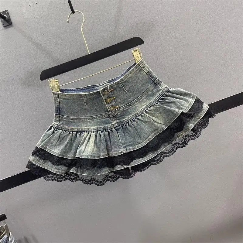 Vintage Denim Pleated Skirt Woman LaceDesign A-line Y2k Mini Skirt Streetwear  American Spicy Girl Korea Fashion Hotsweet