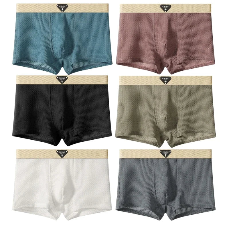 Summer Boxers Men'S Underwear Smooth Ice Silk Plaid Solid Panties Large Size Soft Breathable U Crotch High Elastic Underpants