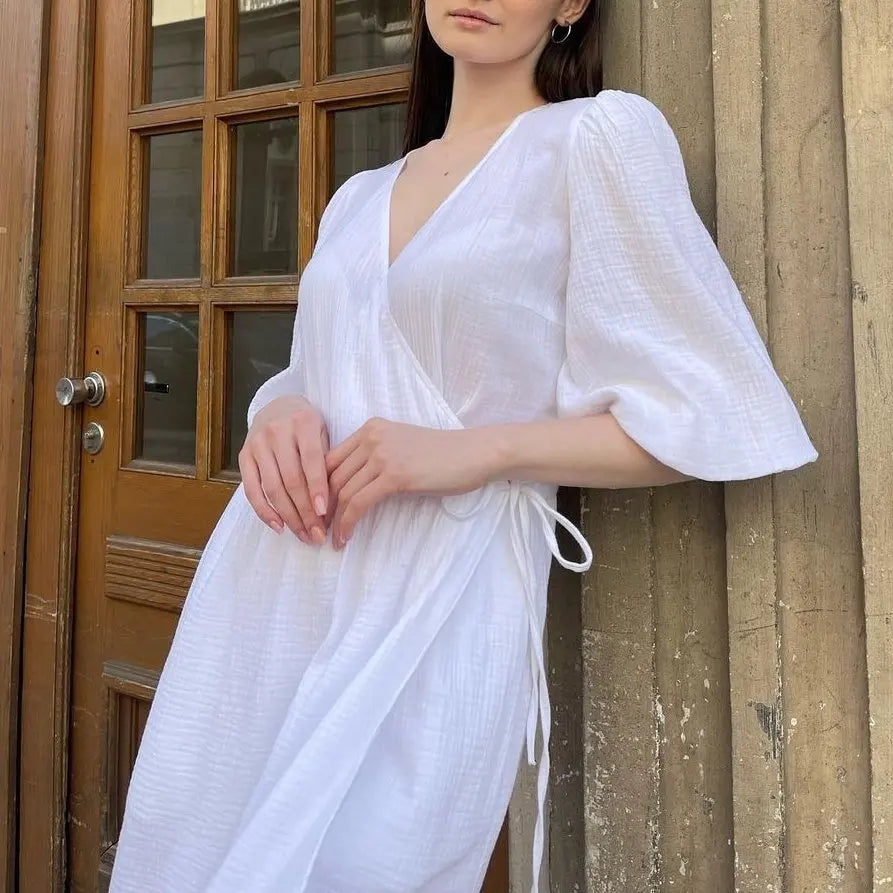 Long Dress Women Dresses Vestidos Lace Up V Neck Puff Sleeve Solid High Waist Female A Line Office Lady Summer 2025 Maxi Gown