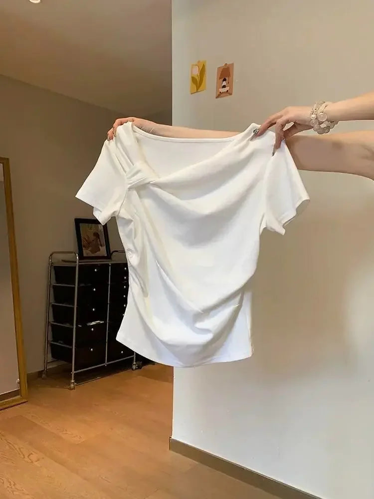 Slim Fit Short Sleeve T-Shirt Women's Shoulder Bared Folded Design Casual Versatile Summer Top for Petite Ladies