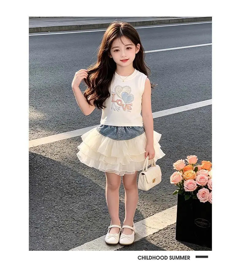 Girls' Summer Denim Short Skirt Patchwork Mesh Cake Style Children's Kids' New Fashion Skirt
