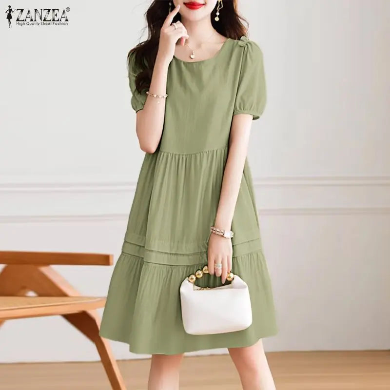 Fashion Summer Sundress ZANZEA Women Casual Short Sleeve O Neck Dresses 2026 Eleagnt Solid OL Work Dress Holiday Pleated Vestido