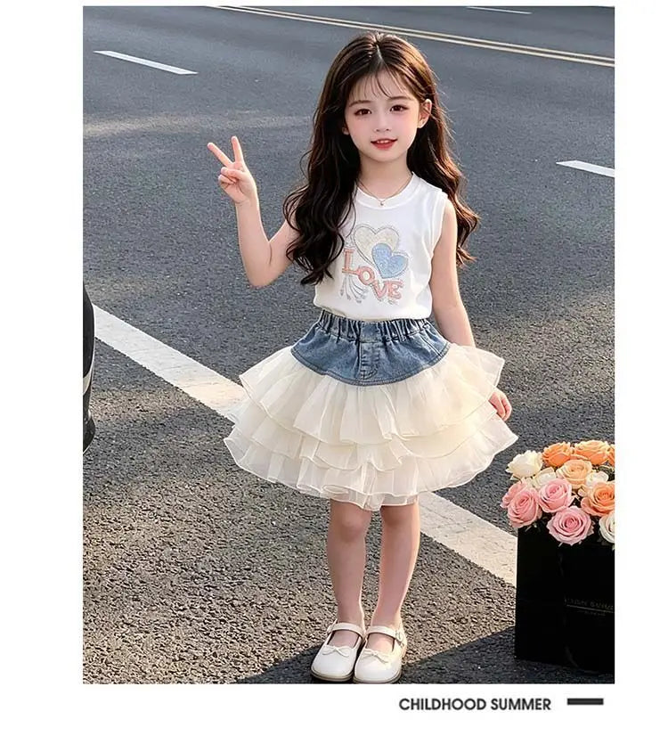 Girls' Summer Denim Short Skirt Patchwork Mesh Cake Style Children's Kids' New Fashion Skirt