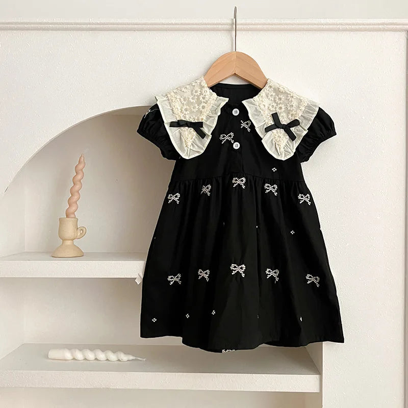 Girls Bow Princess Dress | Puff Sleeve Embroidery Party Dress
