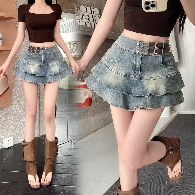 2026 American Pure Desire Spicy Girl Design Elastic Denim Skirt Half-length Pleated Cake Skirt Short Commute High Elasticity