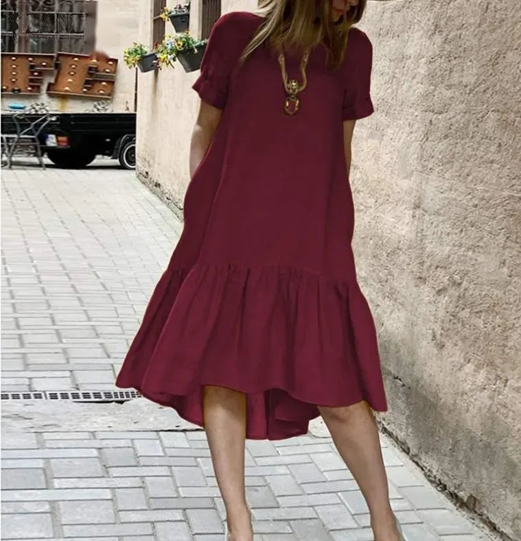 Casual round Neck Short Sleeve Midi Dress Women's Pure Color Crew Neck Gored Hem Cotton Overhead Dress mid Length Dress
